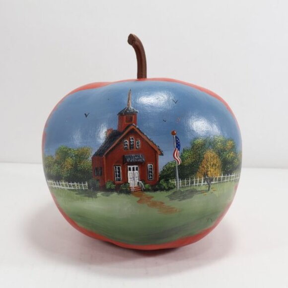 Hand Painted Pumpkin Apple Schoolhouse Scene Farmhouse Core Country Decor - Picture 1 of 10